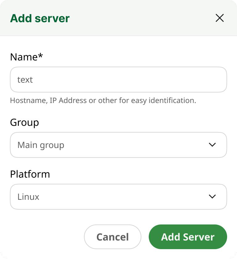 The Add Server dialog with name, group and platform fields