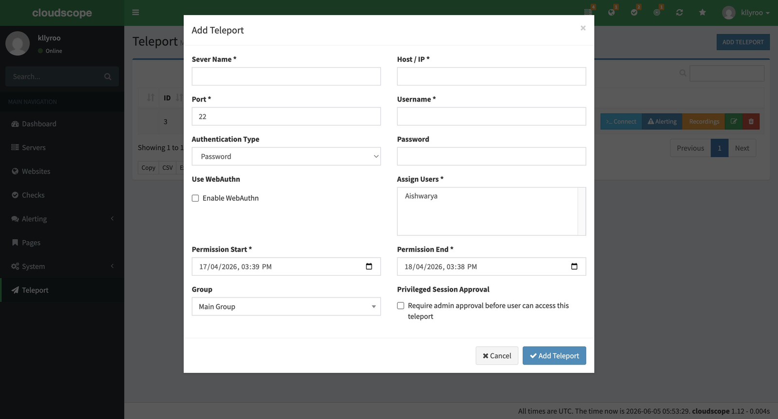 The Add Teleport form with authentication, permissions window, and privileged session approval